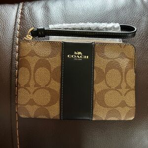 Coach Signature PVC Leather Corner Zip Wristlet khaki/black NEW